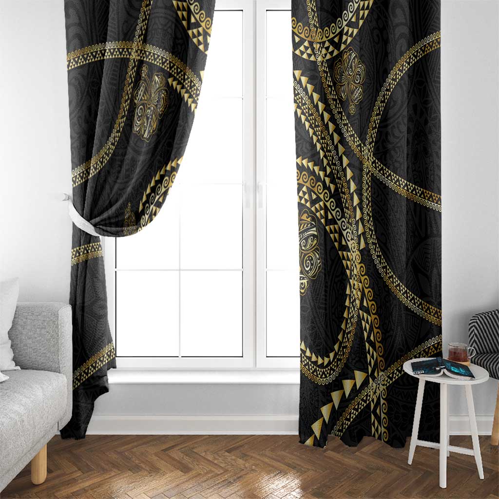 Hawaiian Kakau Art and Hisbiscus Tattoo Window Curtain Tribal Pattern-Gold Style - Polynesian Pride