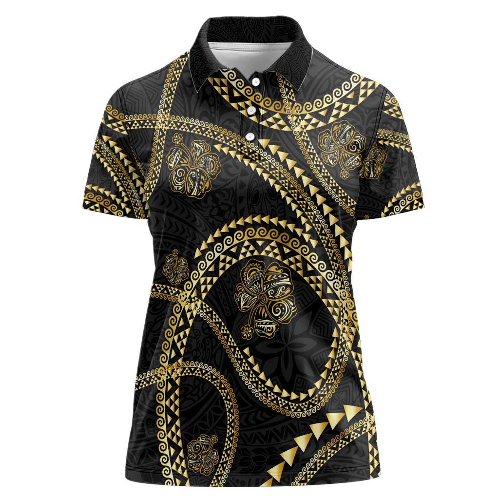 Hawaiian Kakau Art and Hisbiscus Tattoo Women Polo Shirt Tribal Pattern-Gold Style - Polynesian Pride