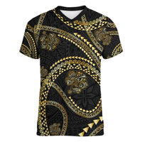Hawaiian Kakau Art and Hisbiscus Tattoo Women V-Neck T-Shirt Tribal Pattern-Gold Style - Polynesian Pride