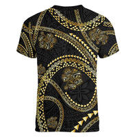 Hawaiian Kakau Art and Hisbiscus Tattoo Women V-Neck T-Shirt Tribal Pattern-Gold Style - Polynesian Pride