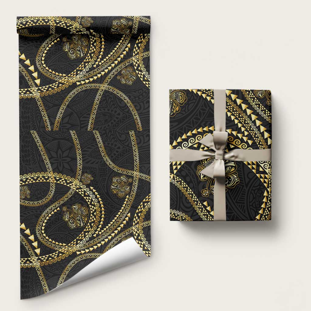 Hawaiian Kakau Art and Hisbiscus Tattoo Wrapping Paper Tribal Pattern-Gold Style LT03 58" × 23" Black - Polynesian Pride