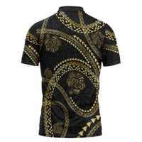 Hawaiian Kakau Art and Hisbiscus Tattoo Zipper Polo Shirt Tribal Pattern-Gold Style - Polynesian Pride