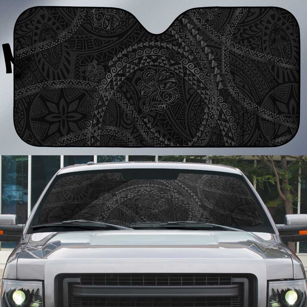 Hawaiian Kakau Art and Hisbiscus Tattoo Auto Sun Shade Tribal Pattern-Black Gradient Style - Polynesian Pride