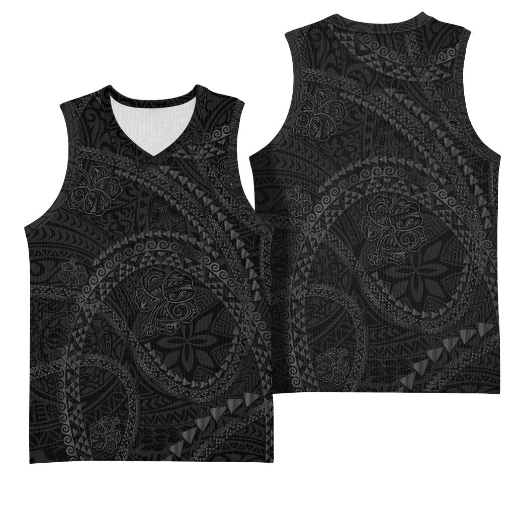 Hawaiian Kakau Art and Hisbiscus Tattoo Basketball Jersey Tribal Pattern-Black Gradient Style - Polynesian Pride