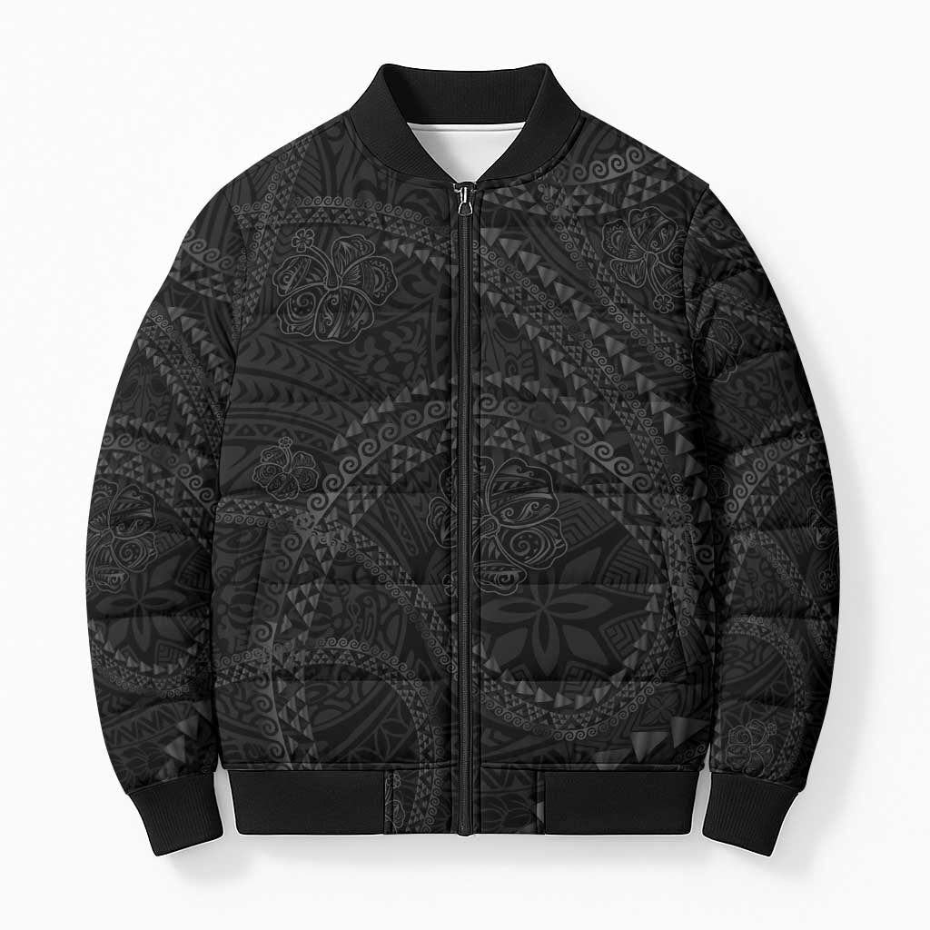 Hawaiian Kakau Art and Hisbiscus Tattoo Bomber Puffer Jacket Tribal Pattern-Black Gradient Style - Polynesian Pride