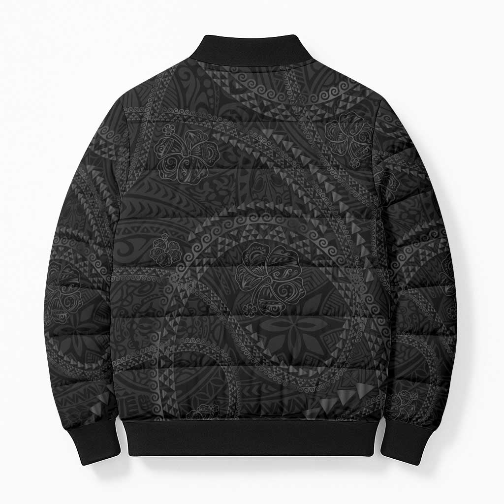 Hawaiian Kakau Art and Hisbiscus Tattoo Bomber Puffer Jacket Tribal Pattern-Black Gradient Style - Polynesian Pride