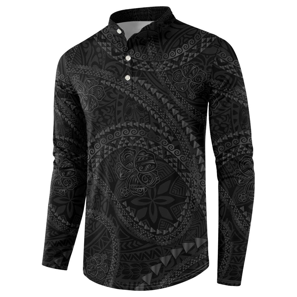 Hawaiian Kakau Art and Hisbiscus Tattoo Button Sweatshirt Tribal Pattern-Black Gradient Style - Polynesian Pride