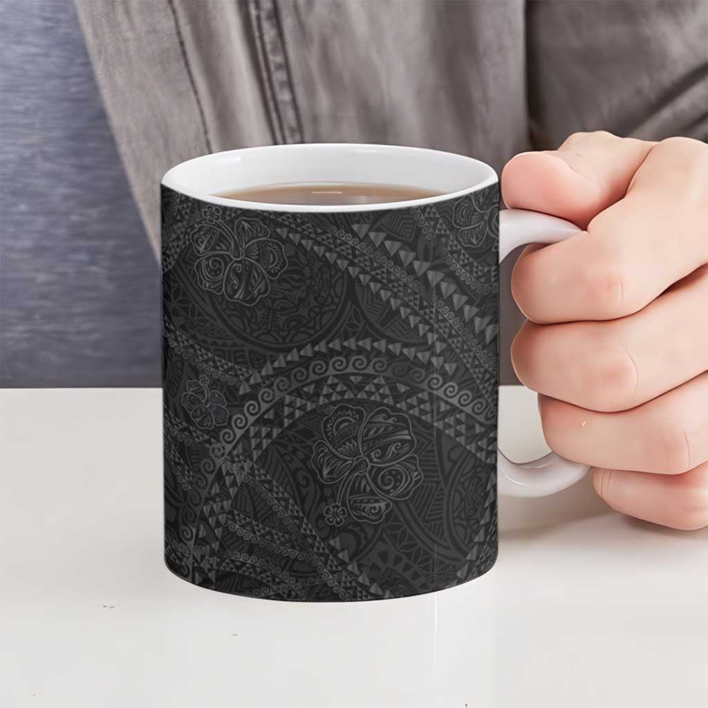 Hawaiian Kakau Art and Hisbiscus Tattoo Ceramic Mug Tribal Pattern-Black Gradient Style - Polynesian Pride