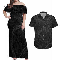 Hawaiian Kakau Art and Hisbiscus Tattoo Couples Matching Off Shoulder Maxi Dress and Hawaiian Shirt Tribal Pattern-Black Gradient Style - Polynesian Pride