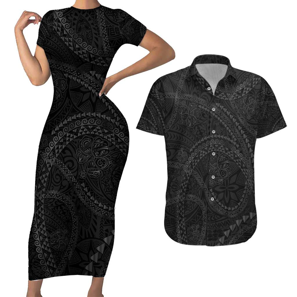 Hawaiian Kakau Art and Hisbiscus Tattoo Couples Matching Short Sleeve Bodycon Dress and Hawaiian Shirt Tribal Pattern-Black Gradient Style - Polynesian Pride