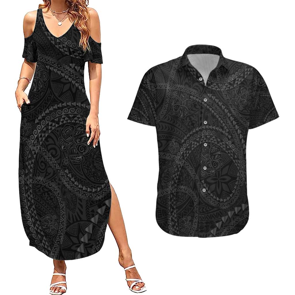 Hawaiian Kakau Art and Hisbiscus Tattoo Couples Matching Summer Maxi Dress and Hawaiian Shirt Tribal Pattern-Black Gradient Style - Polynesian Pride