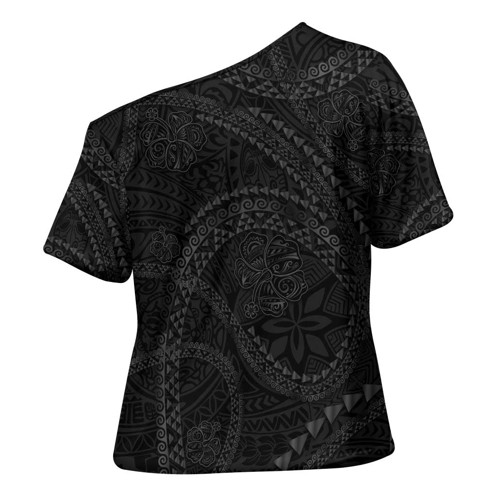 Hawaiian Kakau Art and Hisbiscus Tattoo Cross Shoulder Shirt Tribal Pattern-Black Gradient Style - Polynesian Pride
