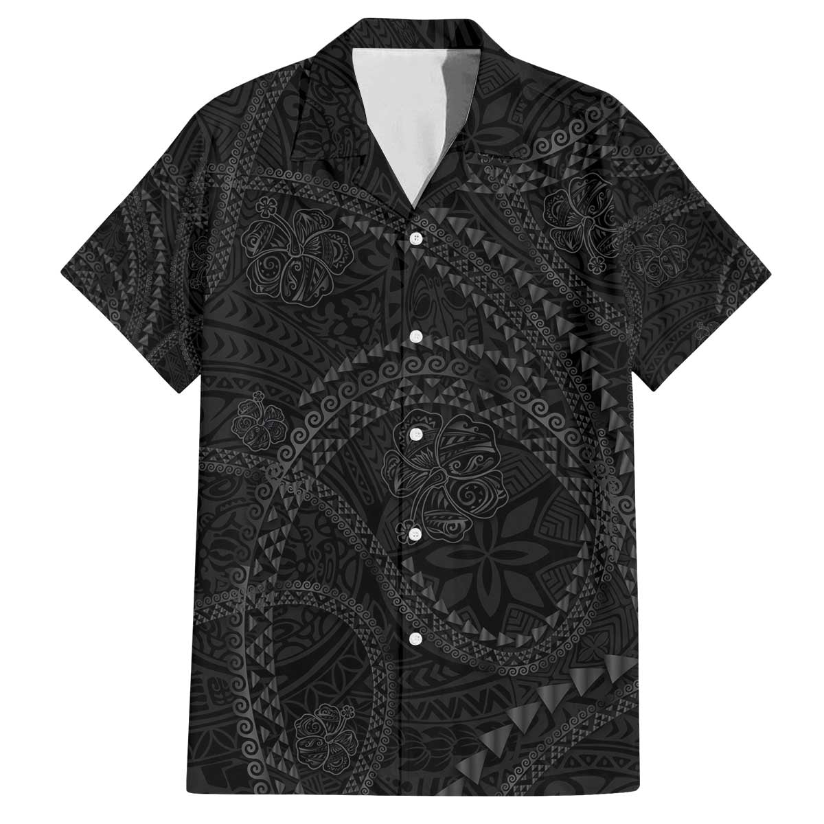 Hawaiian Kakau Art and Hisbiscus Tattoo Family Matching Off The Shoulder Long Sleeve Dress and Hawaiian Shirt Tribal Pattern-Black Gradient Style - Polynesian Pride