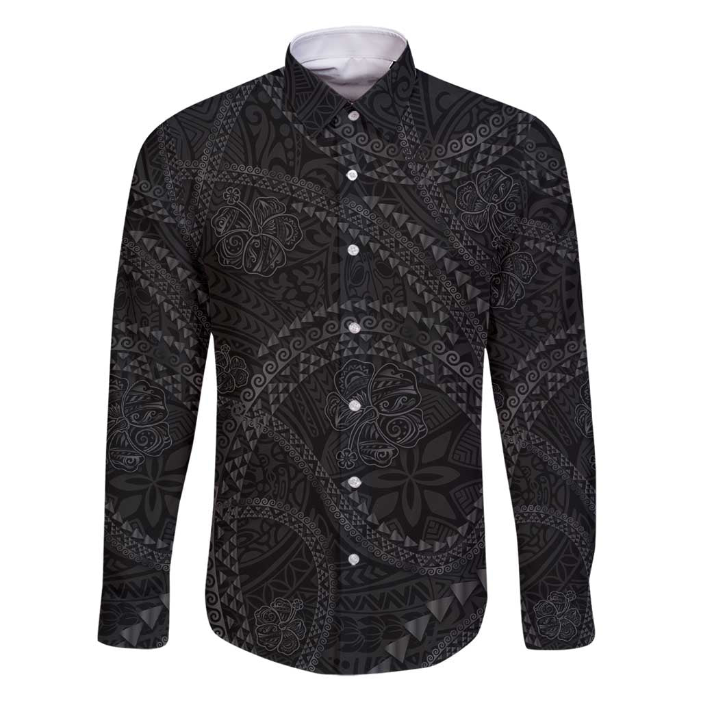 Hawaiian Kakau Art and Hisbiscus Tattoo Family Matching Off Shoulder Short Dress and Hawaiian Shirt Tribal Pattern-Black Gradient Style - Polynesian Pride