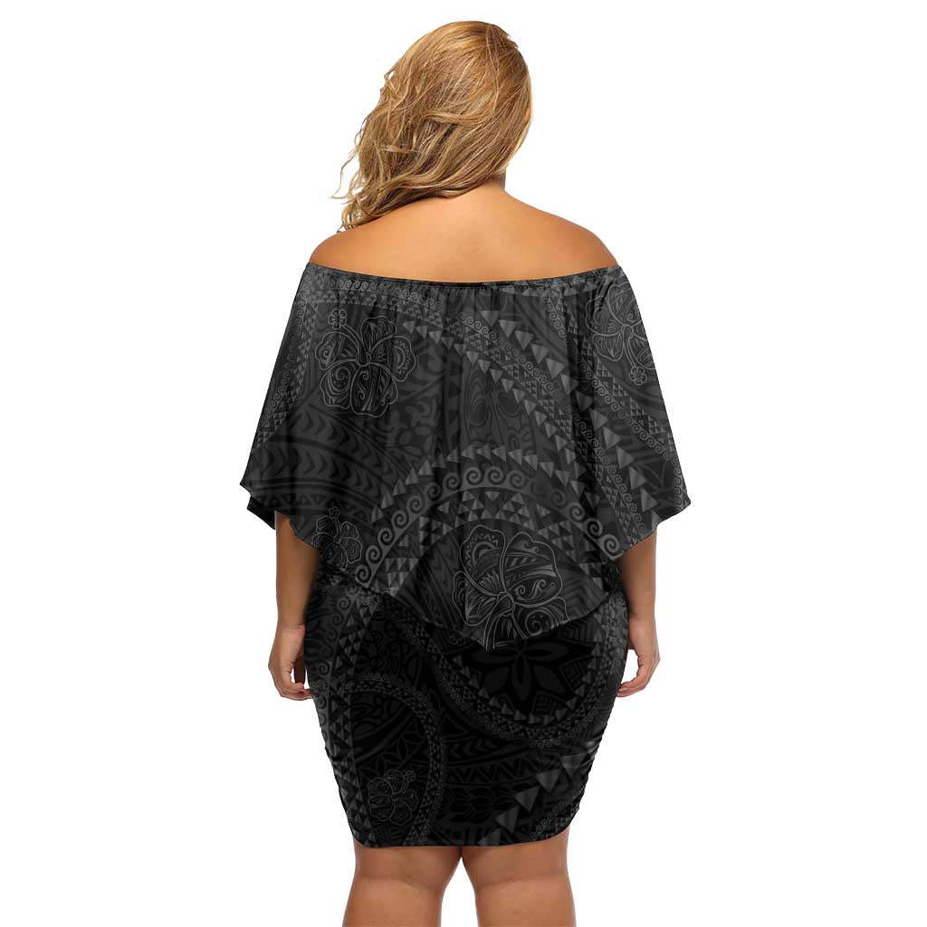 Hawaiian Kakau Art and Hisbiscus Tattoo Family Matching Off Shoulder Short Dress and Hawaiian Shirt Tribal Pattern-Black Gradient Style - Polynesian Pride