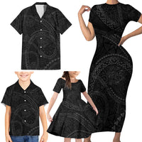 Hawaiian Kakau Art and Hisbiscus Tattoo Family Matching Short Sleeve Bodycon Dress and Hawaiian Shirt Tribal Pattern-Black Gradient Style - Polynesian Pride
