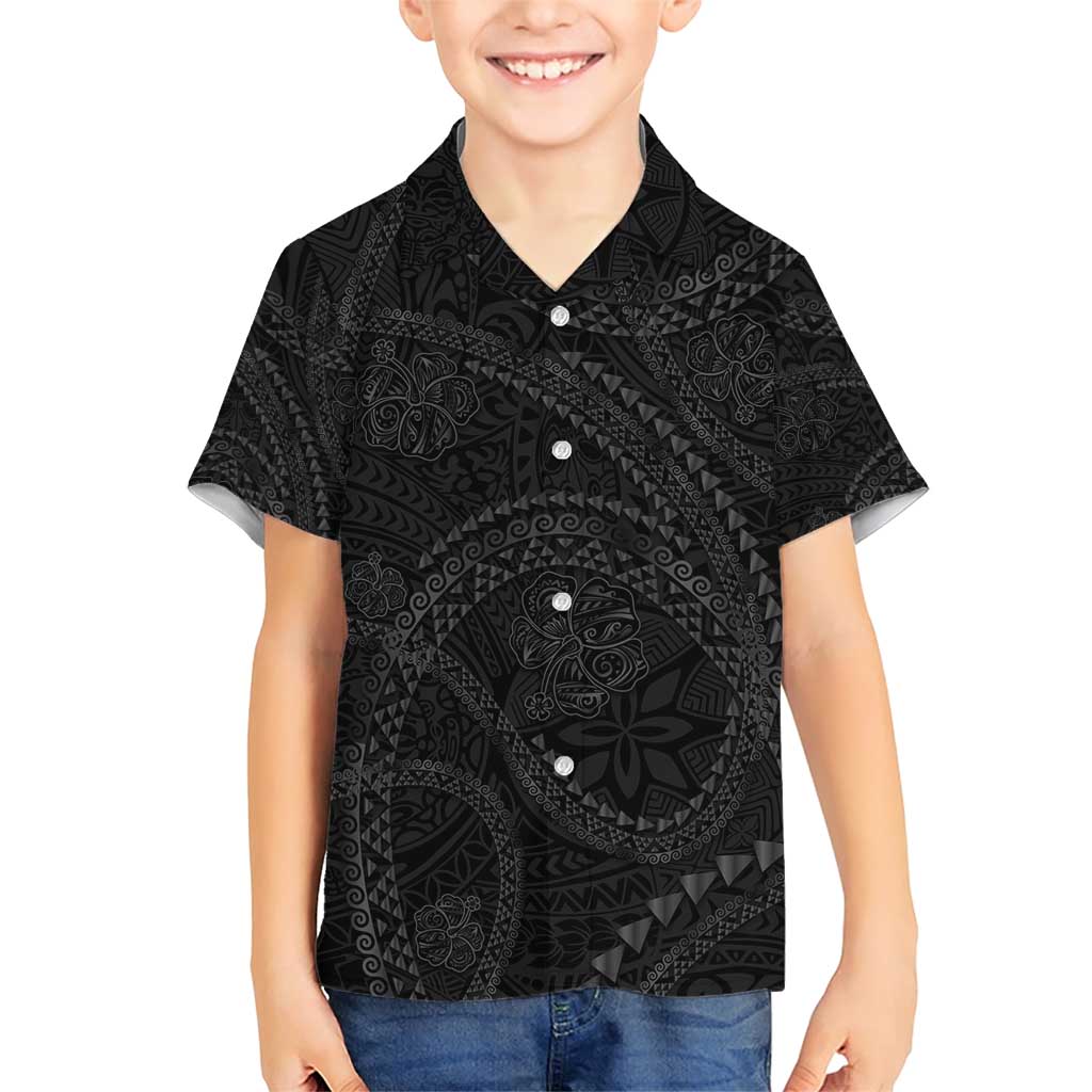 Hawaiian Kakau Art and Hisbiscus Tattoo Family Matching Short Sleeve Bodycon Dress and Hawaiian Shirt Tribal Pattern-Black Gradient Style - Polynesian Pride