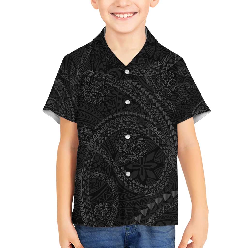 Hawaiian Kakau Art and Hisbiscus Tattoo Family Matching Summer Maxi Dress and Hawaiian Shirt Tribal Pattern-Black Gradient Style - Polynesian Pride