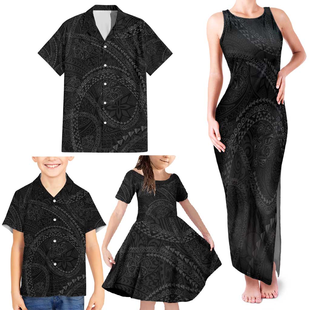 Hawaiian Kakau Art and Hisbiscus Tattoo Family Matching Tank Maxi Dress and Hawaiian Shirt Tribal Pattern-Black Gradient Style - Polynesian Pride