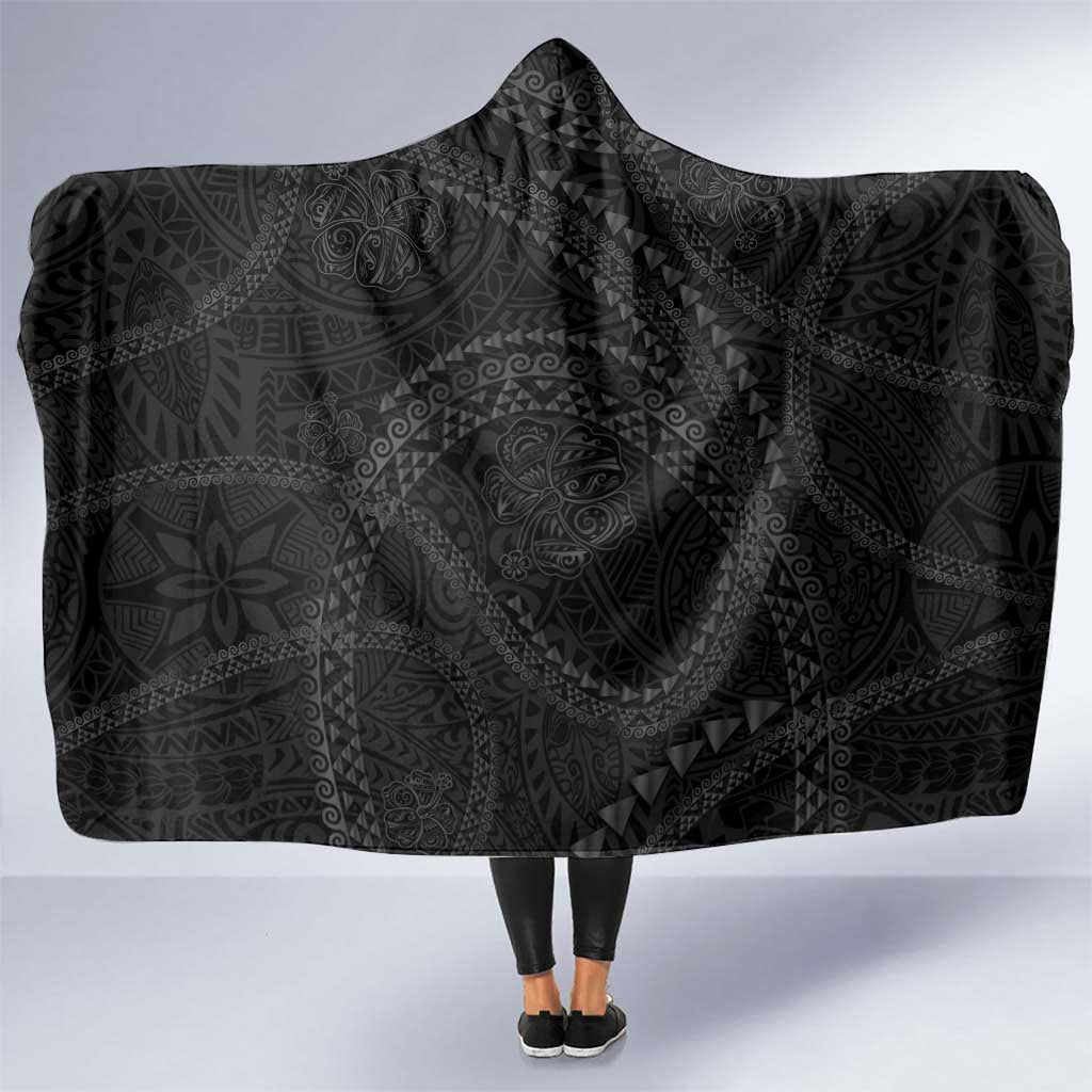 Hawaiian Kakau Art and Hisbiscus Tattoo Hooded Blanket Tribal Pattern-Black Gradient Style - Polynesian Pride