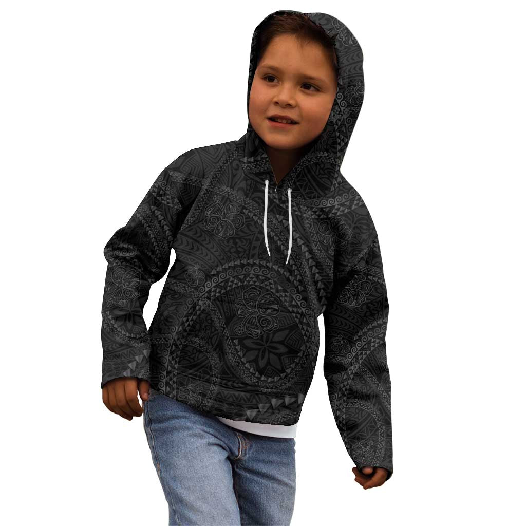 Hawaiian Kakau Art and Hisbiscus Tattoo Kid Hoodie Tribal Pattern-Black Gradient Style - Polynesian Pride