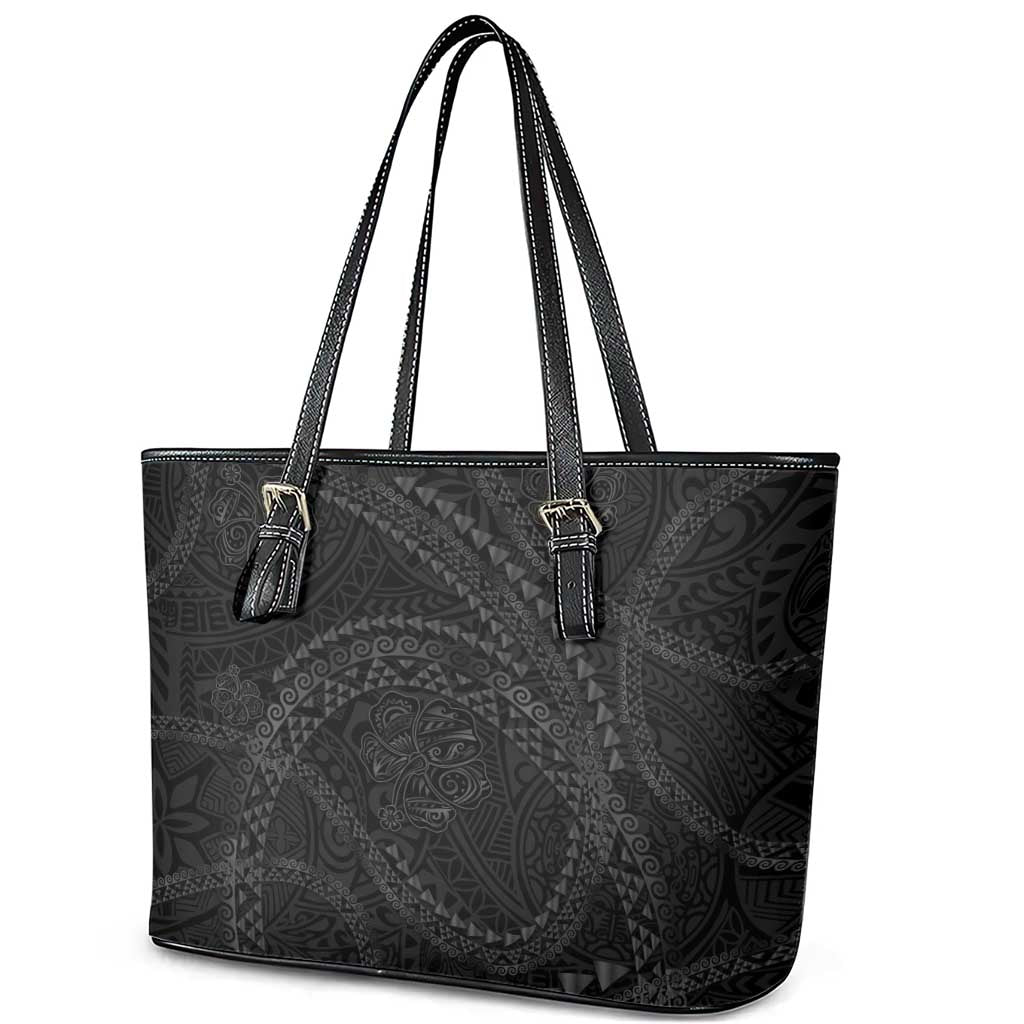 Hawaiian Kakau Art and Hisbiscus Tattoo Leather Tote Bag Tribal Pattern-Black Gradient Style - Polynesian Pride