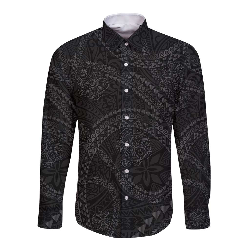 Hawaiian Kakau Art and Hisbiscus Tattoo Long Sleeve Button Shirt Tribal Pattern-Black Gradient Style - Polynesian Pride