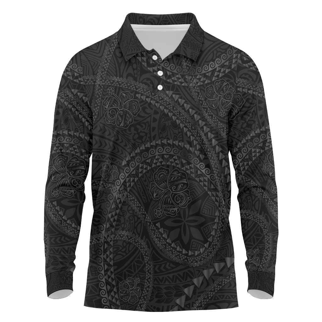 Hawaiian Kakau Art and Hisbiscus Tattoo Long Sleeve Polo Shirt Tribal Pattern-Black Gradient Style - Polynesian Pride