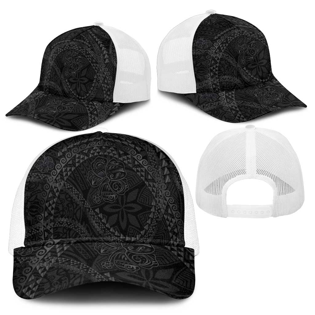 Hawaiian Kakau Art and Hisbiscus Tattoo Mesh Trucker Cap Tribal Pattern-Black Gradient Style - Polynesian Pride