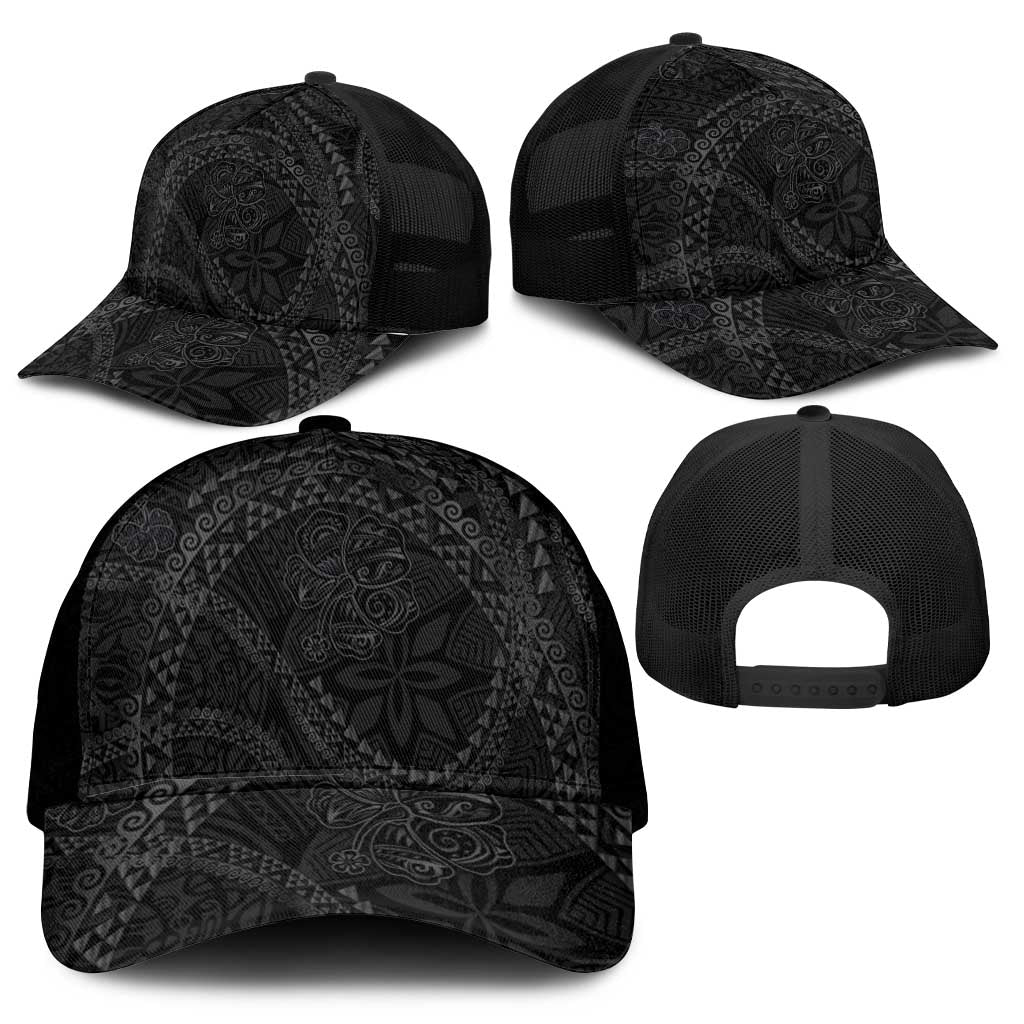 Hawaiian Kakau Art and Hisbiscus Tattoo Mesh Trucker Cap Tribal Pattern-Black Gradient Style - Polynesian Pride