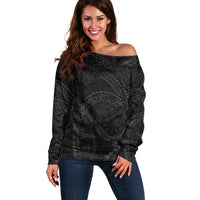 Hawaiian Kakau Art and Hisbiscus Tattoo Off Shoulder Sweater Tribal Pattern-Black Gradient Style - Polynesian Pride