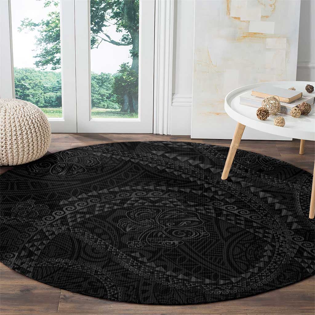 Hawaiian Kakau Art and Hisbiscus Tattoo Round Carpet Tribal Pattern-Black Gradient Style - Polynesian Pride