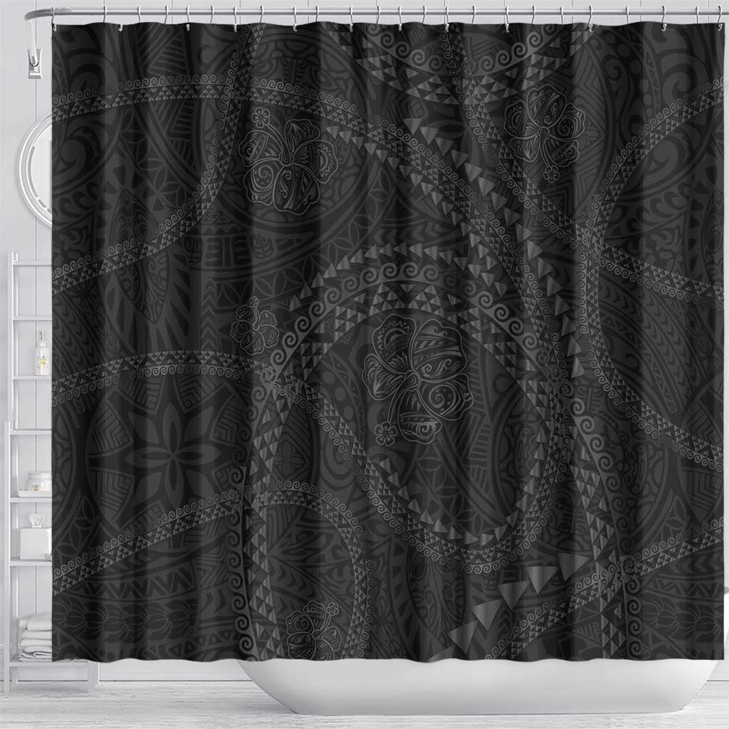 Hawaiian Kakau Art and Hisbiscus Tattoo Shower Curtain Tribal Pattern-Black Gradient Style - Polynesian Pride