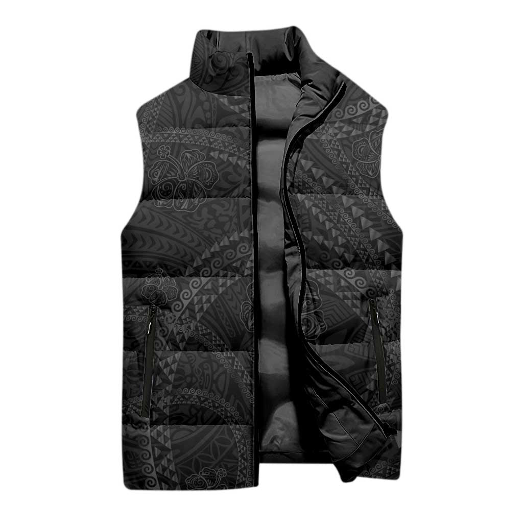 Hawaiian Kakau Art and Hisbiscus Tattoo Sleeveless Puffer Jacket Tribal Pattern-Black Gradient Style - Polynesian Pride
