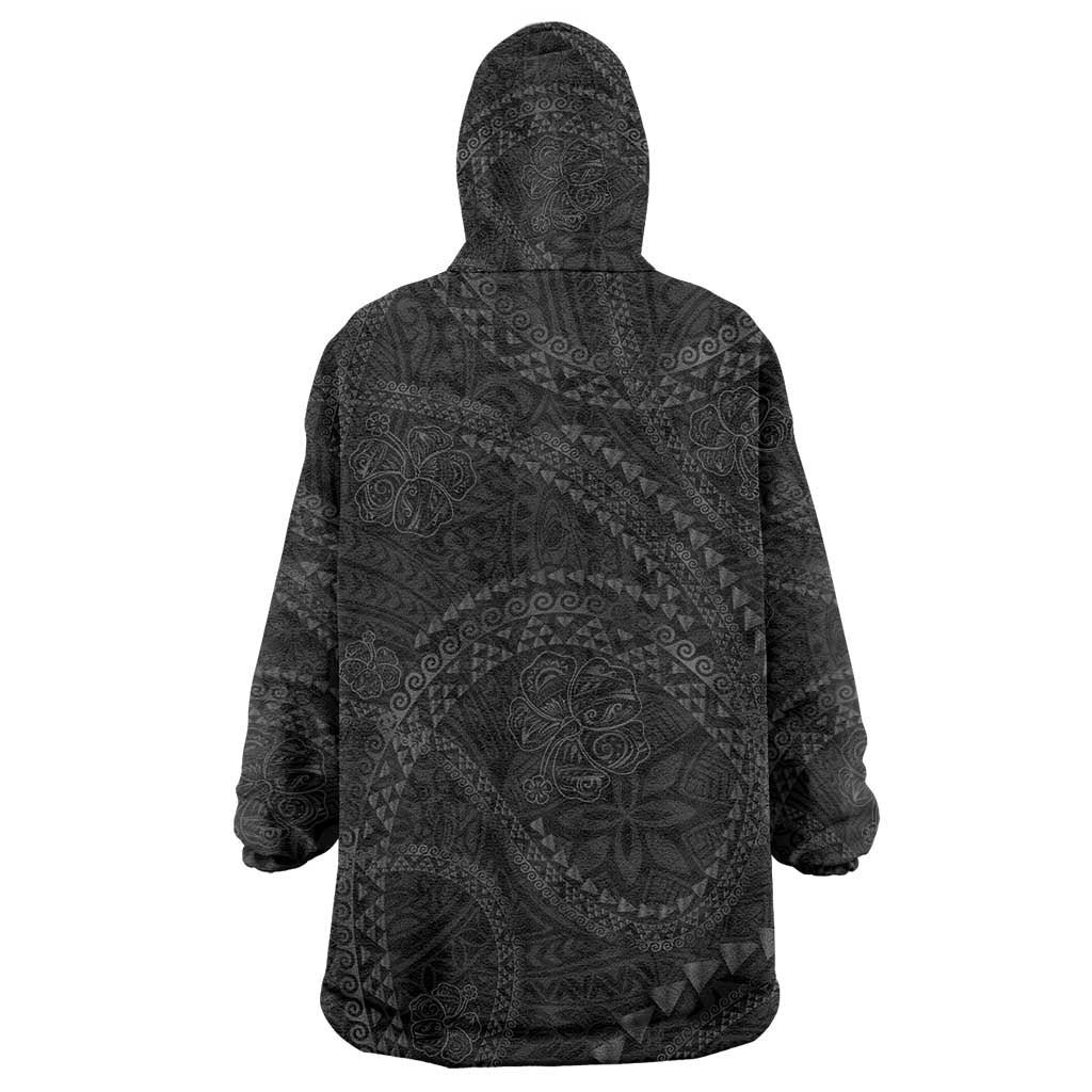 Hawaiian Kakau Art and Hisbiscus Tattoo Wearable Blanket Hoodie Tribal Pattern-Black Gradient Style - Polynesian Pride