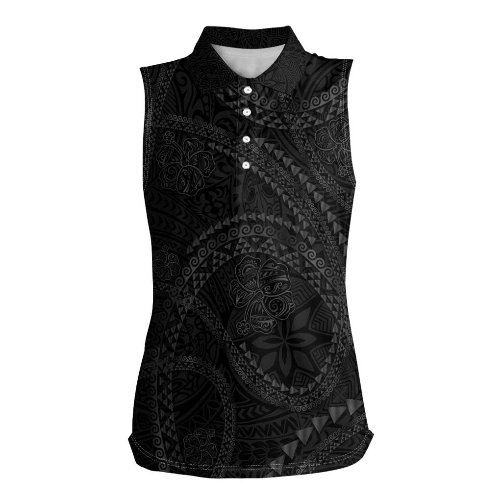 Hawaiian Kakau Art and Hisbiscus Tattoo Women Sleeveless Polo Shirt Tribal Pattern-Black Gradient Style - Polynesian Pride