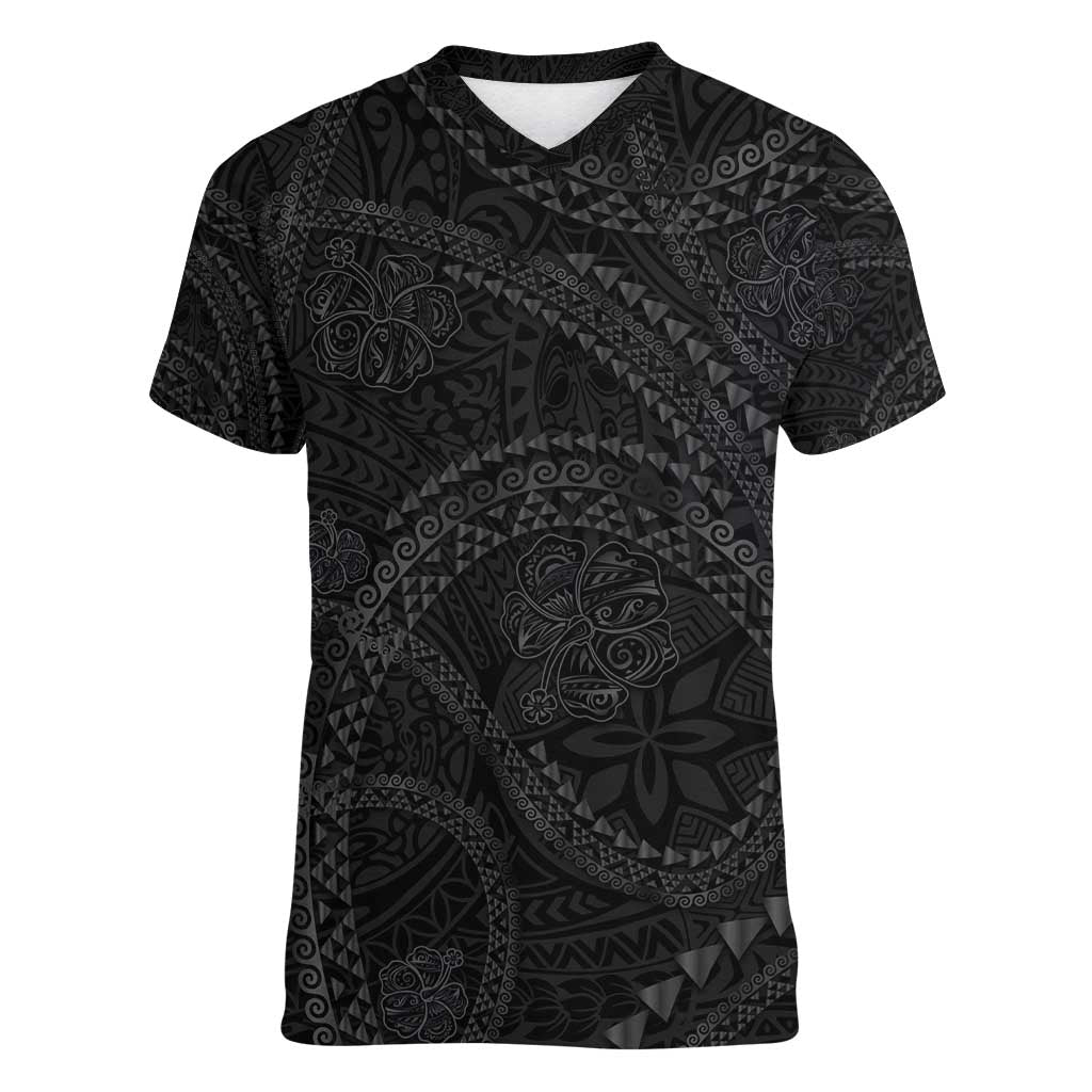 Hawaiian Kakau Art and Hisbiscus Tattoo Women V-Neck T-Shirt Tribal Pattern-Black Gradient Style - Polynesian Pride