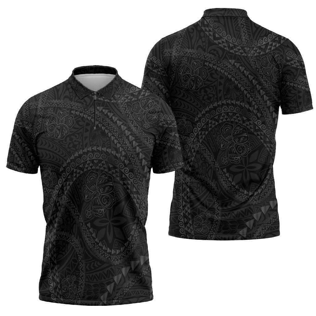 Hawaiian Kakau Art and Hisbiscus Tattoo Zipper Polo Shirt Tribal Pattern-Black Gradient Style - Polynesian Pride