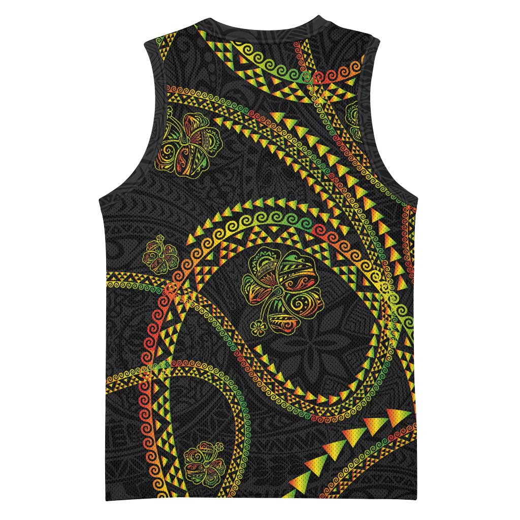 Hawaiian Kakau Art and Hisbiscus Tattoo Basketball Jersey Tribal Pattern-Reggae Style - Polynesian Pride