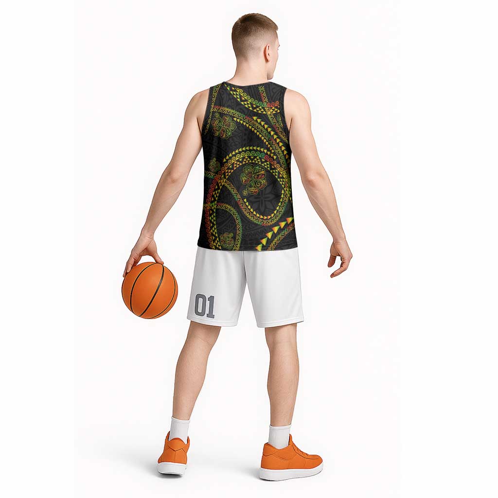 Hawaiian Kakau Art and Hisbiscus Tattoo Basketball Jersey Tribal Pattern-Reggae Style - Polynesian Pride