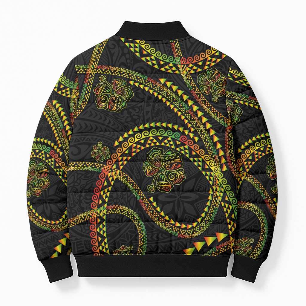 Hawaiian Kakau Art and Hisbiscus Tattoo Bomber Puffer Jacket Tribal Pattern-Reggae Style - Polynesian Pride