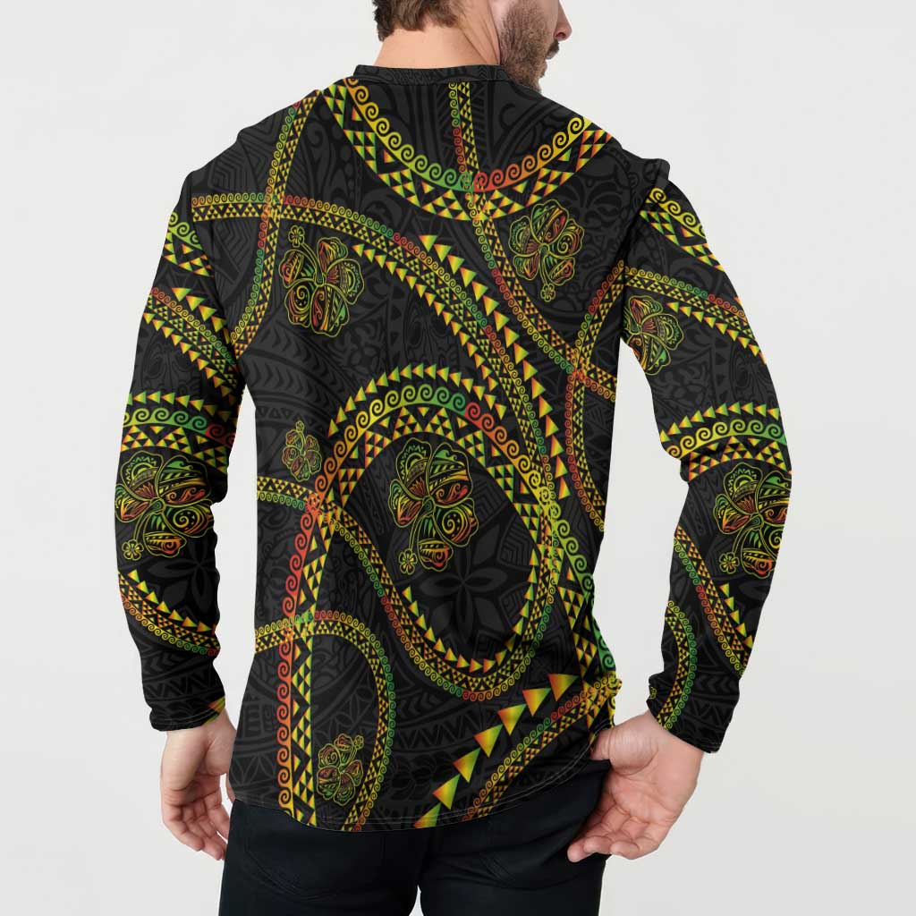 Hawaiian Kakau Art and Hisbiscus Tattoo Button Sweatshirt Tribal Pattern-Reggae Style - Polynesian Pride