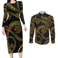 Hawaiian Kakau Art and Hisbiscus Tattoo Couples Matching Long Sleeve Bodycon Dress and Long Sleeve Button Shirt Tribal Pattern-Reggae Style - Polynesian Pride