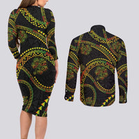 Hawaiian Kakau Art and Hisbiscus Tattoo Couples Matching Long Sleeve Bodycon Dress and Long Sleeve Button Shirt Tribal Pattern-Reggae Style - Polynesian Pride