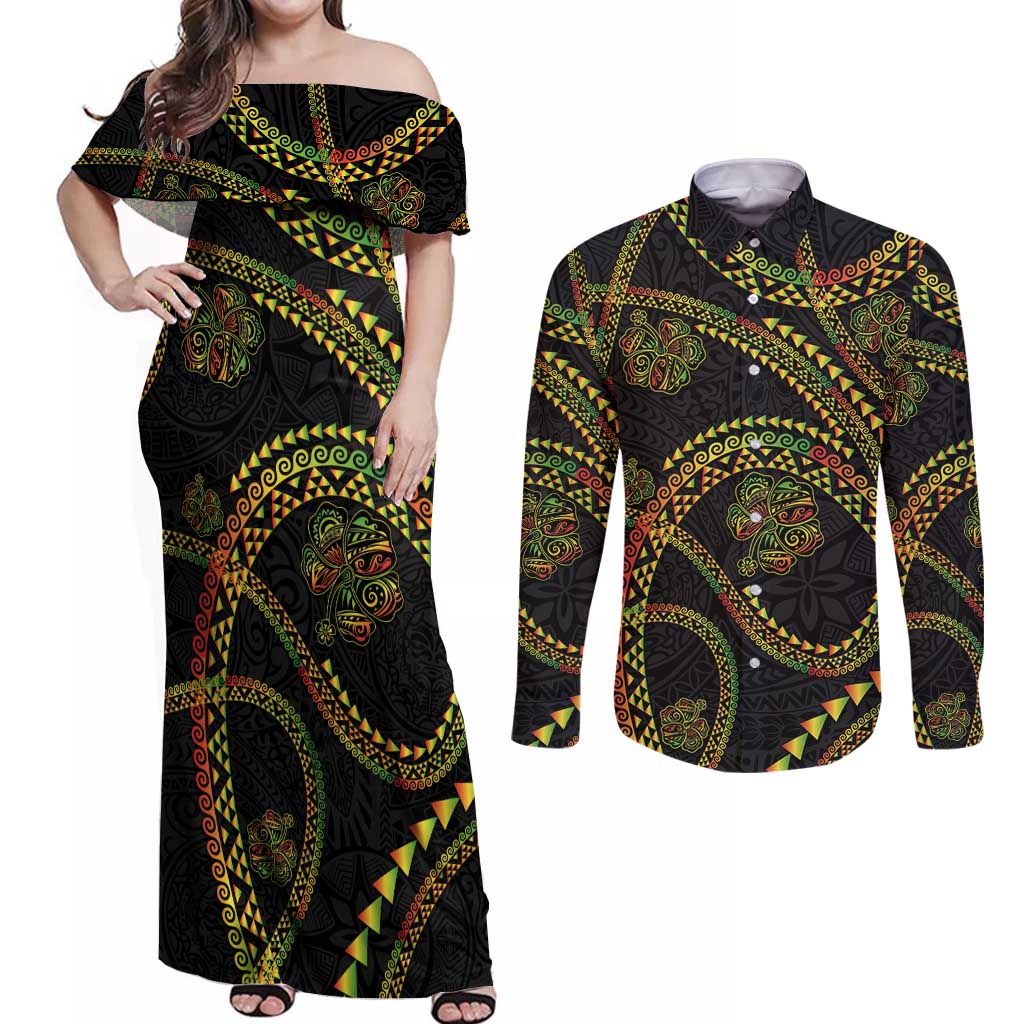 Hawaiian Kakau Art and Hisbiscus Tattoo Couples Matching Off Shoulder Maxi Dress and Long Sleeve Button Shirt Tribal Pattern-Reggae Style - Polynesian Pride