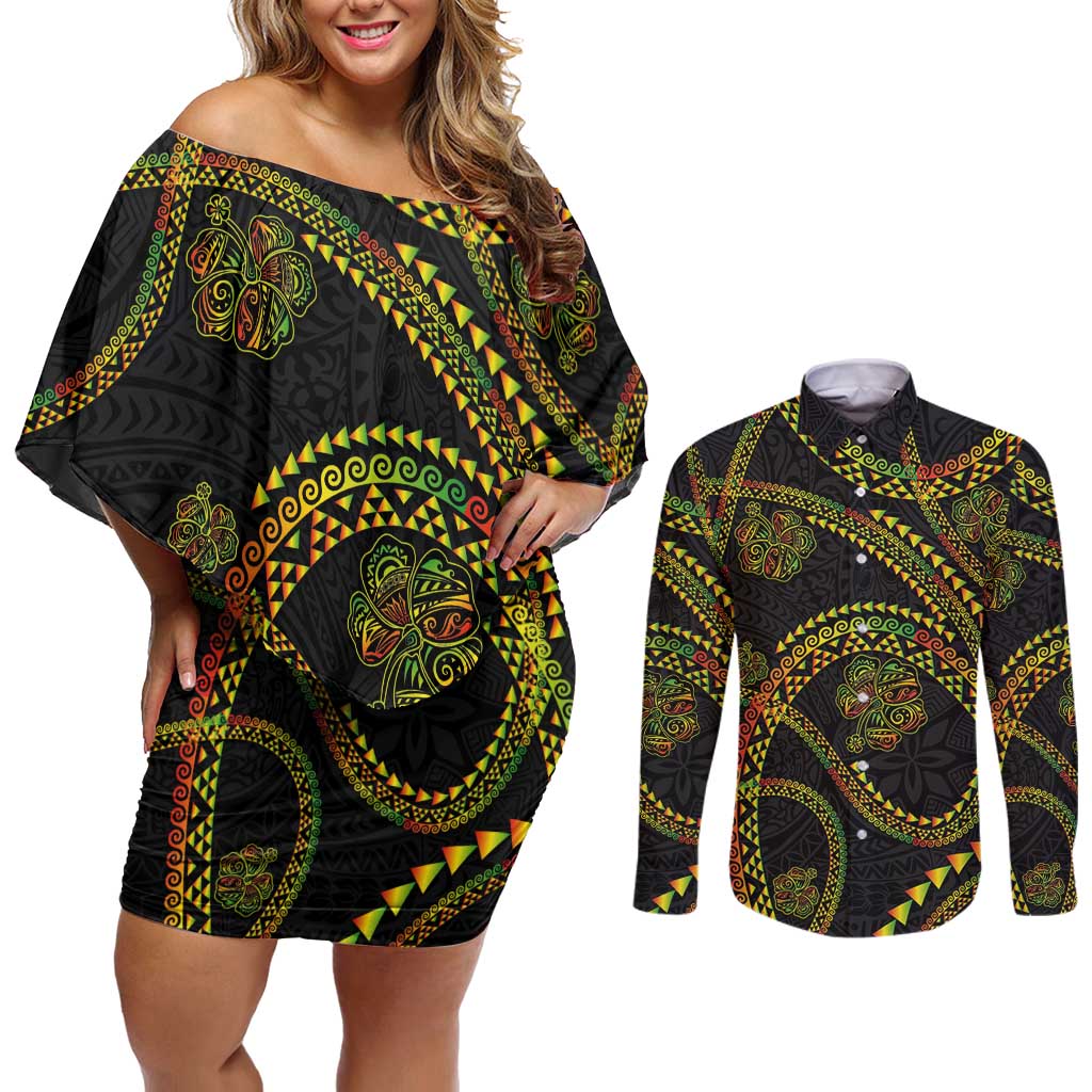 Hawaiian Kakau Art and Hisbiscus Tattoo Couples Matching Off Shoulder Short Dress and Long Sleeve Button Shirt Tribal Pattern-Reggae Style - Polynesian Pride