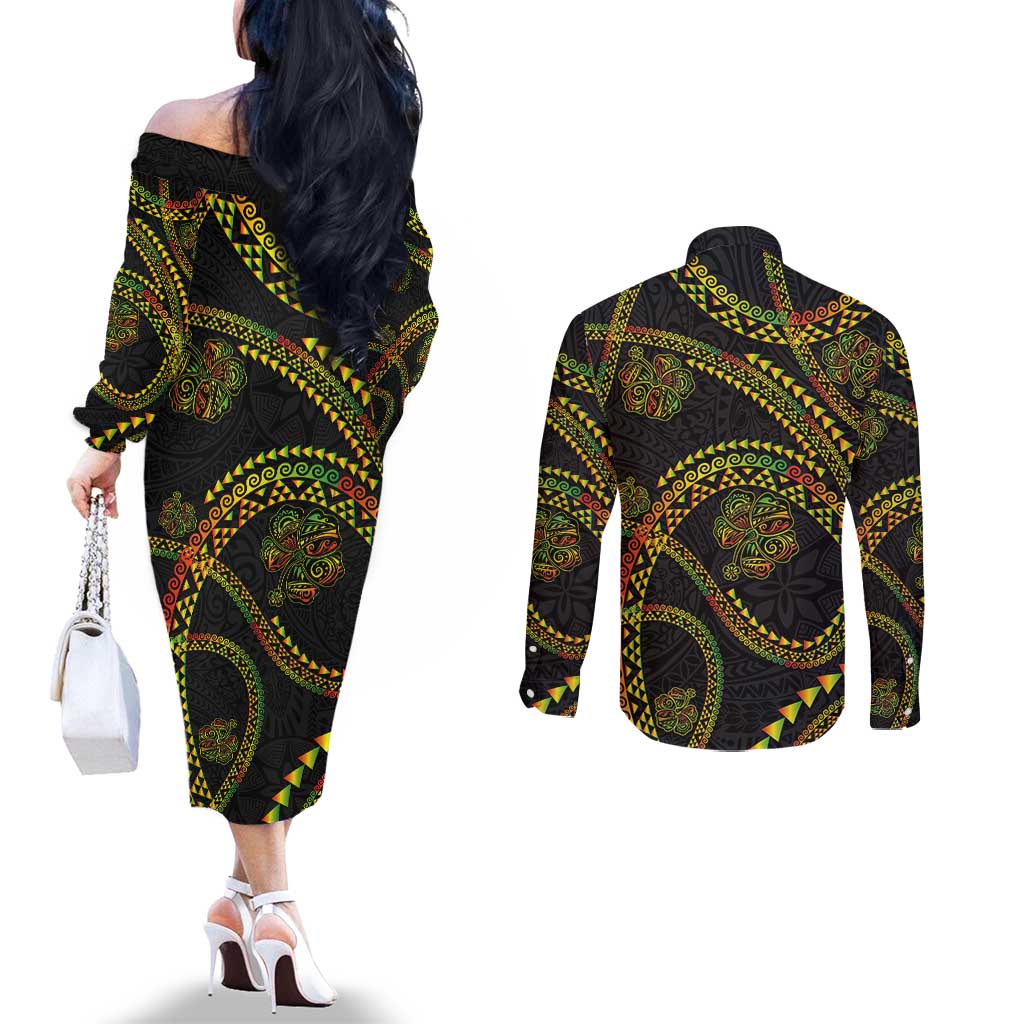 Hawaiian Kakau Art and Hisbiscus Tattoo Couples Matching Off The Shoulder Long Sleeve Dress and Long Sleeve Button Shirt Tribal Pattern-Reggae Style - Polynesian Pride
