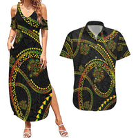 Hawaiian Kakau Art and Hisbiscus Tattoo Couples Matching Summer Maxi Dress and Hawaiian Shirt Tribal Pattern-Reggae Style - Polynesian Pride