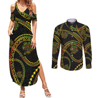 Hawaiian Kakau Art and Hisbiscus Tattoo Couples Matching Summer Maxi Dress and Long Sleeve Button Shirt Tribal Pattern-Reggae Style - Polynesian Pride