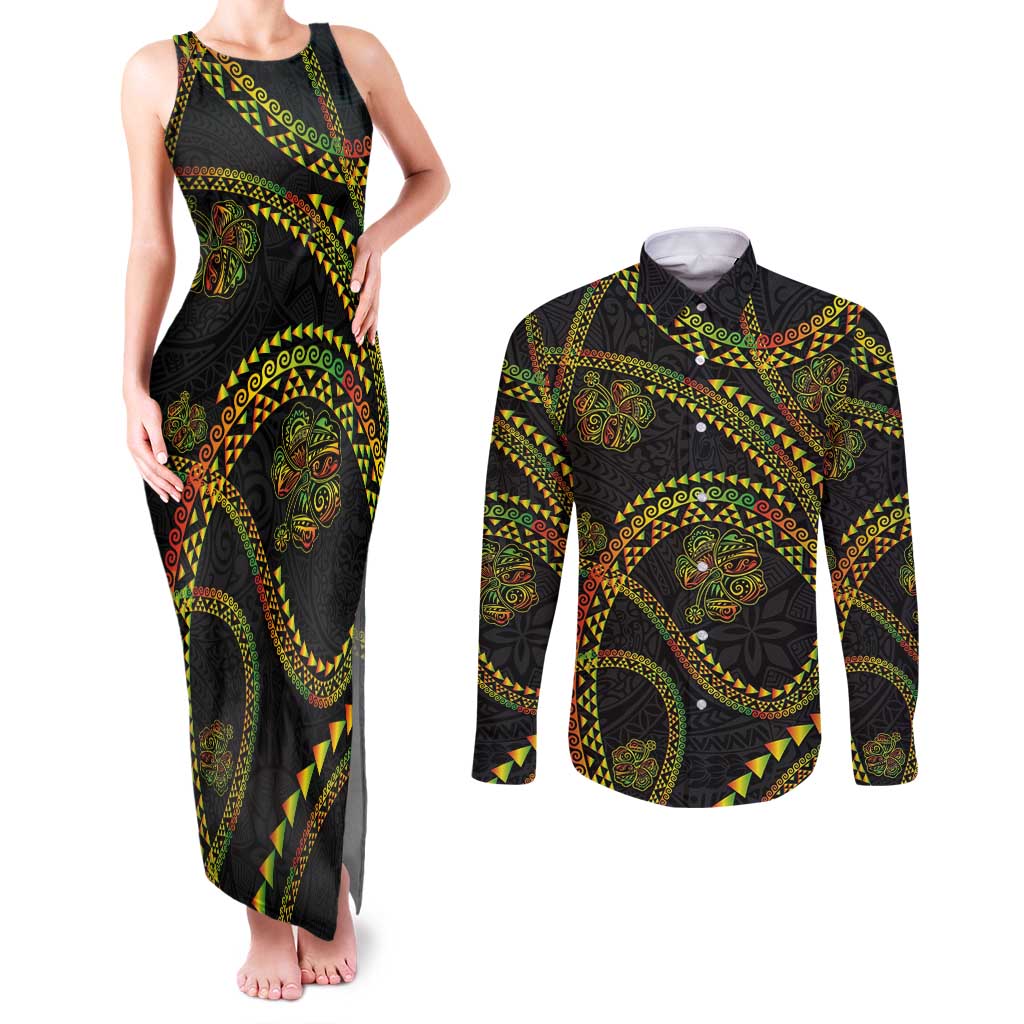 Hawaiian Kakau Art and Hisbiscus Tattoo Couples Matching Tank Maxi Dress and Long Sleeve Button Shirt Tribal Pattern-Reggae Style - Polynesian Pride